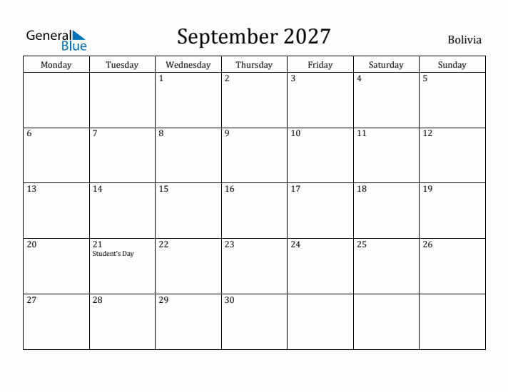 September 2027 Calendar Bolivia