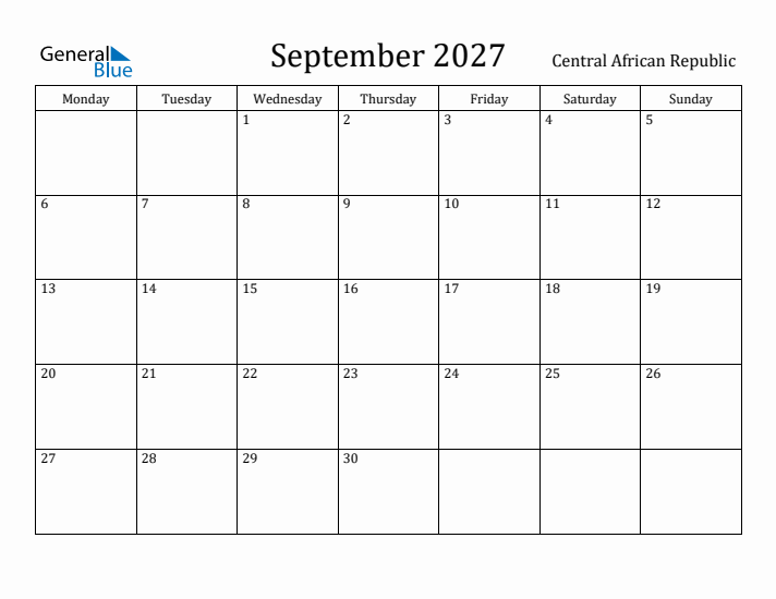 September 2027 Calendar Central African Republic