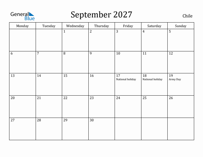 September 2027 Calendar Chile