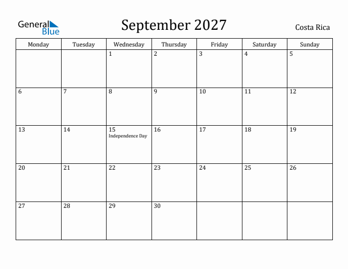 September 2027 Calendar Costa Rica