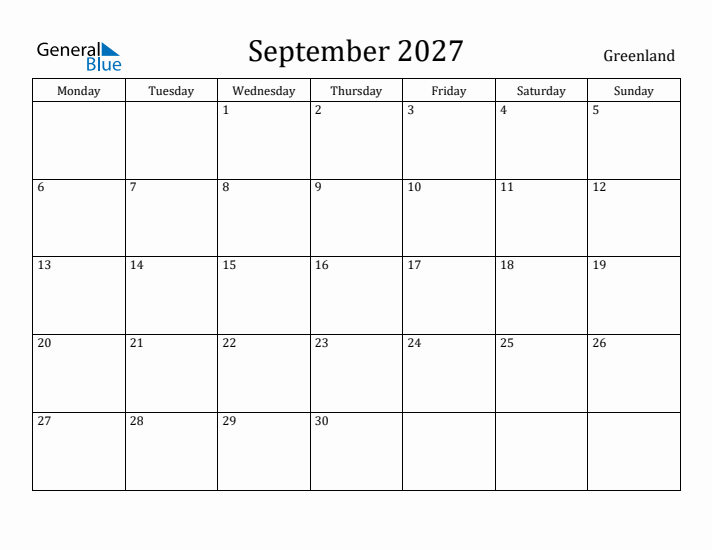 September 2027 Calendar Greenland