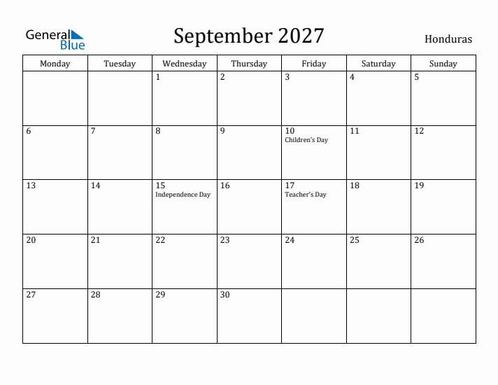 September 2027 Calendar Honduras