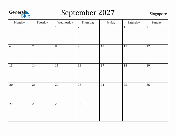 September 2027 Calendar Singapore