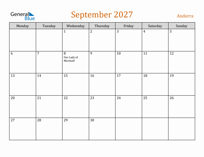 September 2027 Holiday Calendar with Monday Start