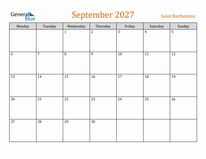 September 2027 Holiday Calendar with Monday Start