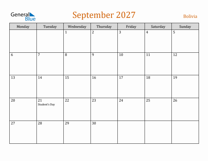 September 2027 Holiday Calendar with Monday Start