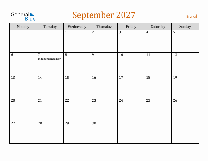 September 2027 Holiday Calendar with Monday Start