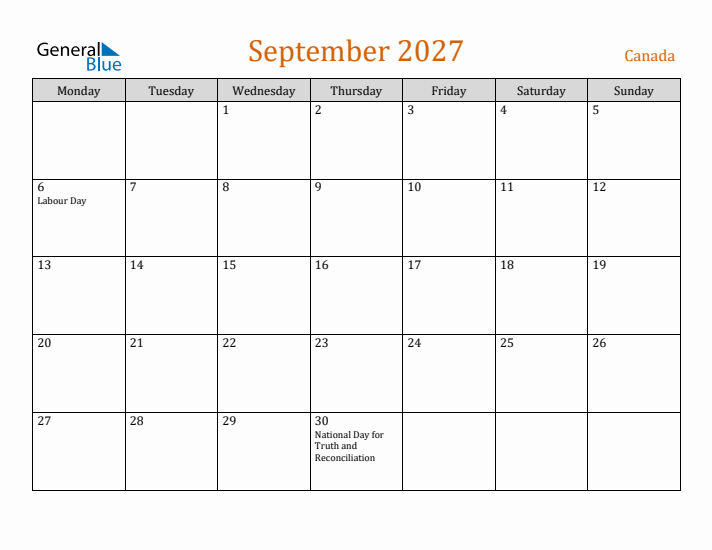 September 2027 Holiday Calendar with Monday Start