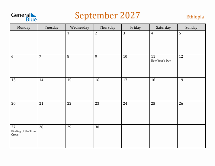 September 2027 Holiday Calendar with Monday Start