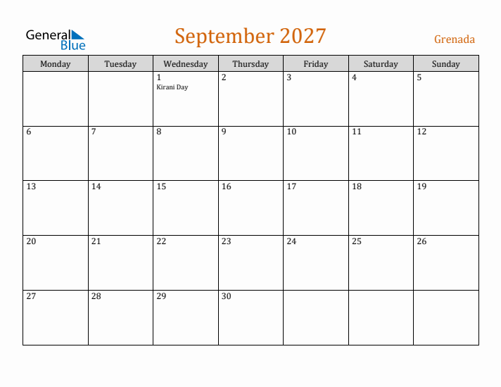 September 2027 Holiday Calendar with Monday Start