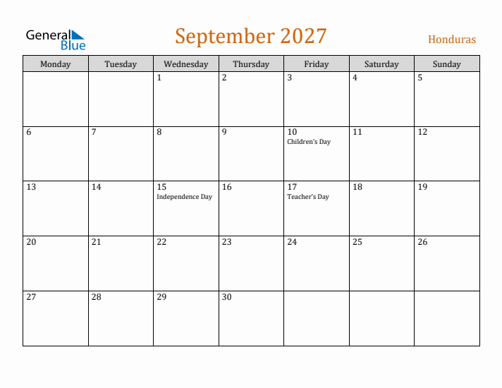 September 2027 Holiday Calendar with Monday Start