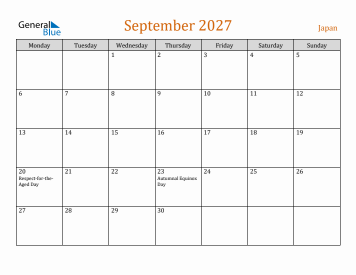 September 2027 Holiday Calendar with Monday Start