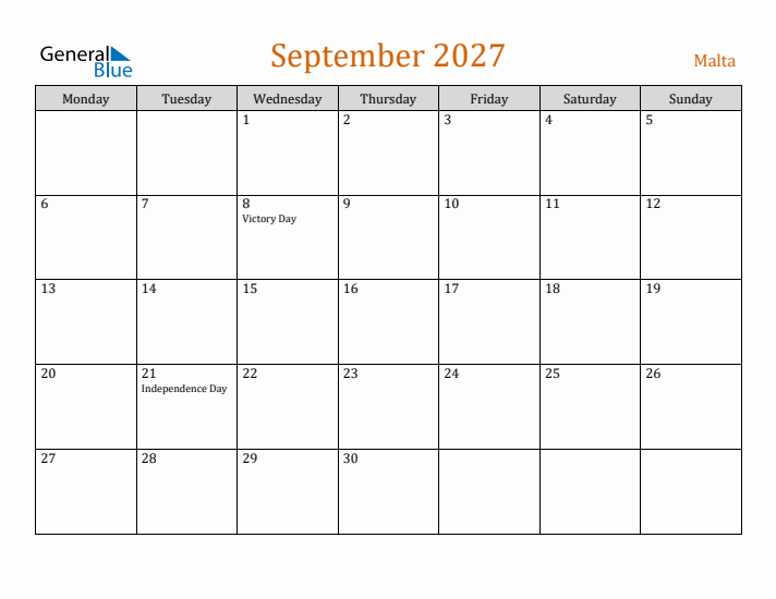 September 2027 Holiday Calendar with Monday Start