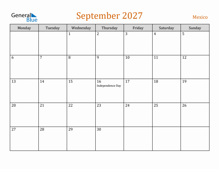 September 2027 Holiday Calendar with Monday Start