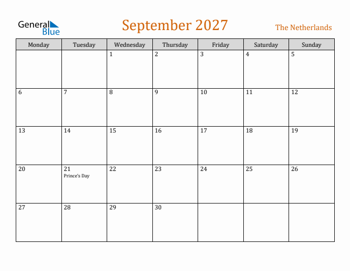 September 2027 Holiday Calendar with Monday Start