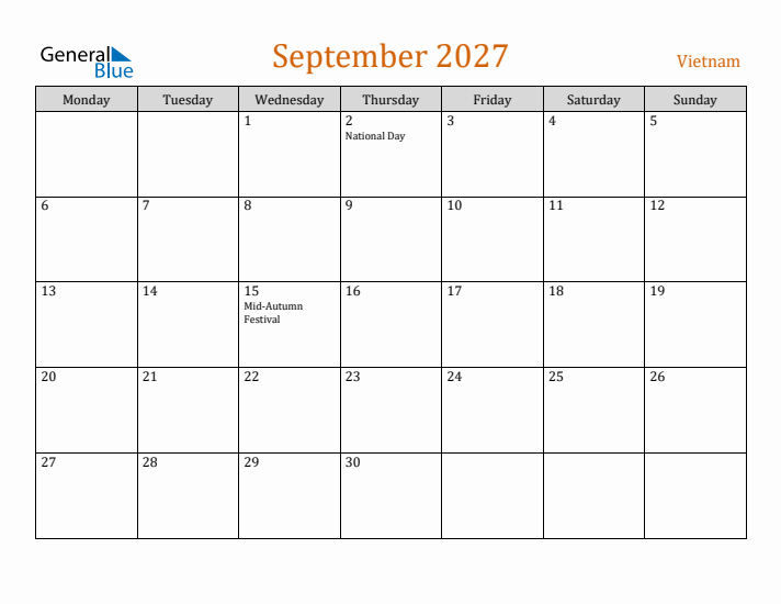 September 2027 Holiday Calendar with Monday Start