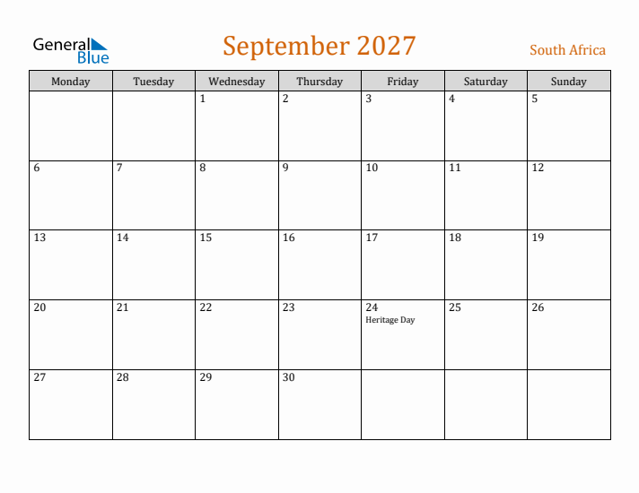 September 2027 Holiday Calendar with Monday Start