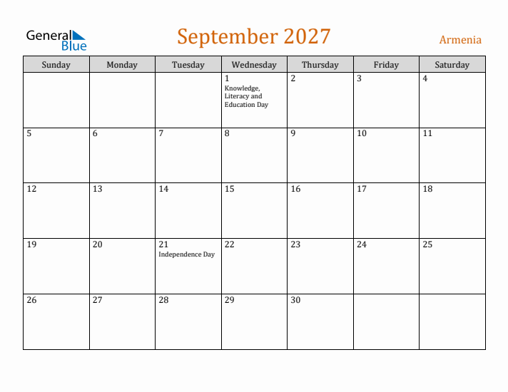 September 2027 Holiday Calendar with Sunday Start