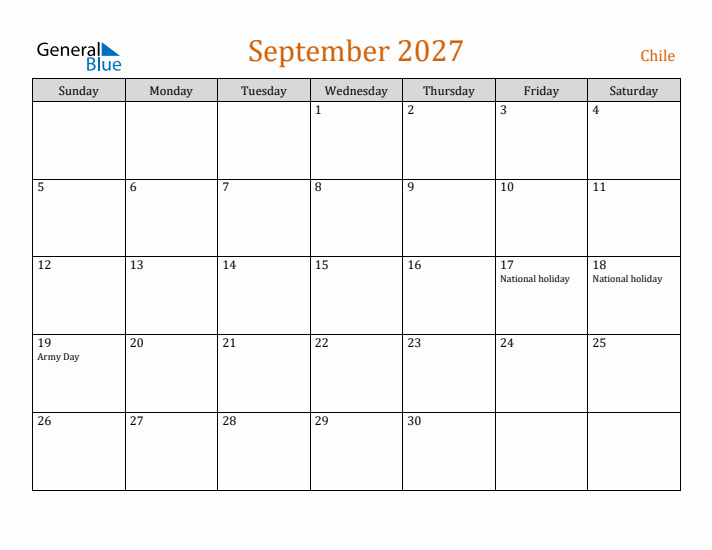 September 2027 Holiday Calendar with Sunday Start