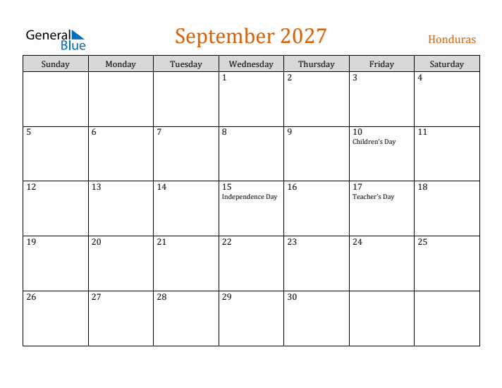 September 2027 Holiday Calendar with Sunday Start