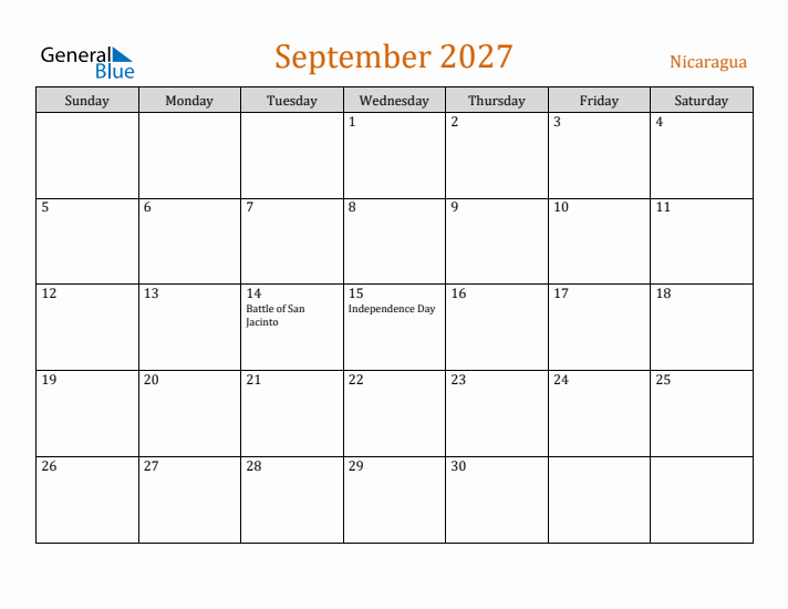 September 2027 Holiday Calendar with Sunday Start