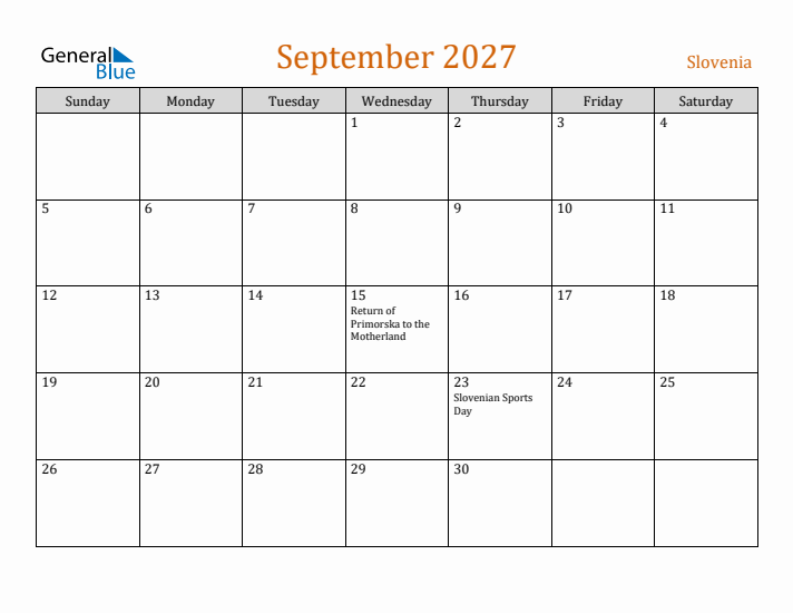 September 2027 Holiday Calendar with Sunday Start