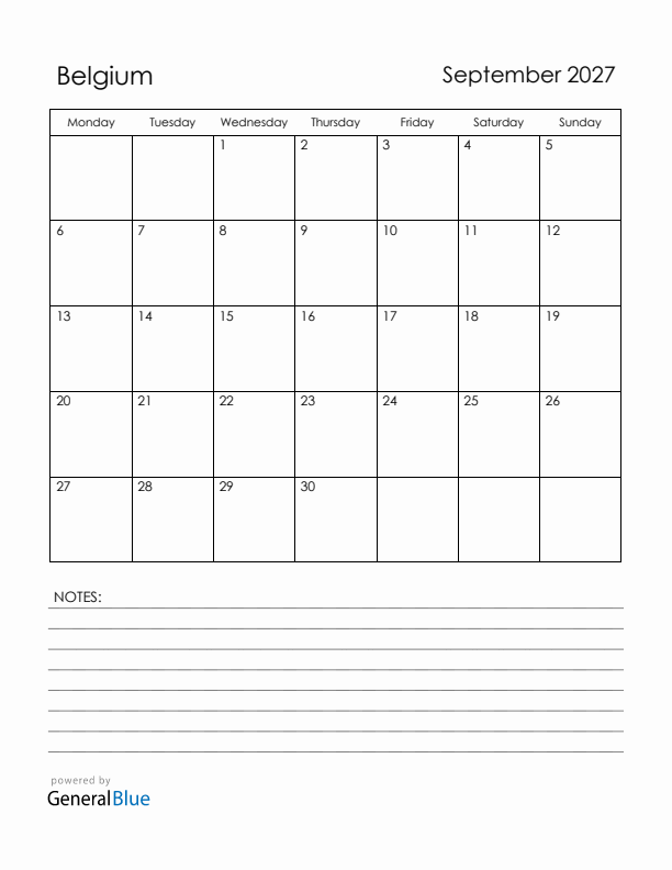 September 2027 Belgium Calendar with Holidays (Monday Start)