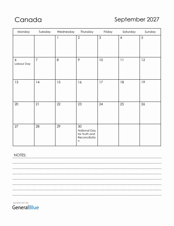 September 2027 Canada Calendar with Holidays (Monday Start)