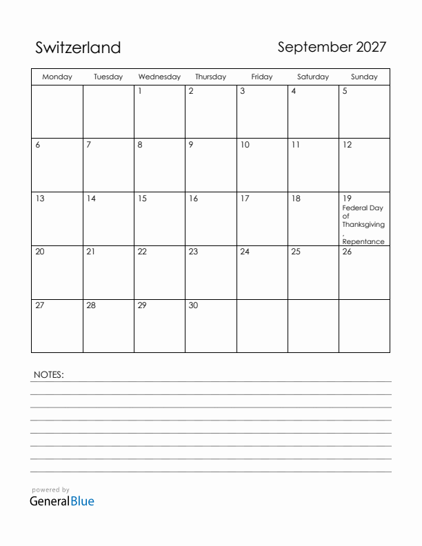 September 2027 Switzerland Calendar with Holidays (Monday Start)