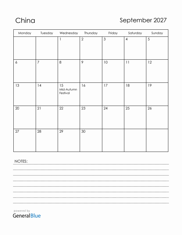 September 2027 China Calendar with Holidays (Monday Start)