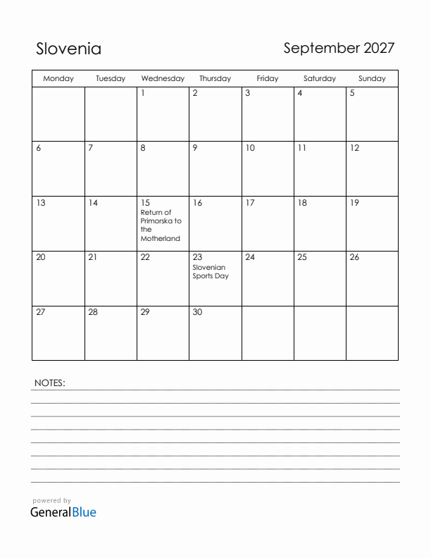 September 2027 Slovenia Calendar with Holidays (Monday Start)