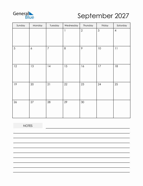 Printable Calendar with Notes - September 2027 