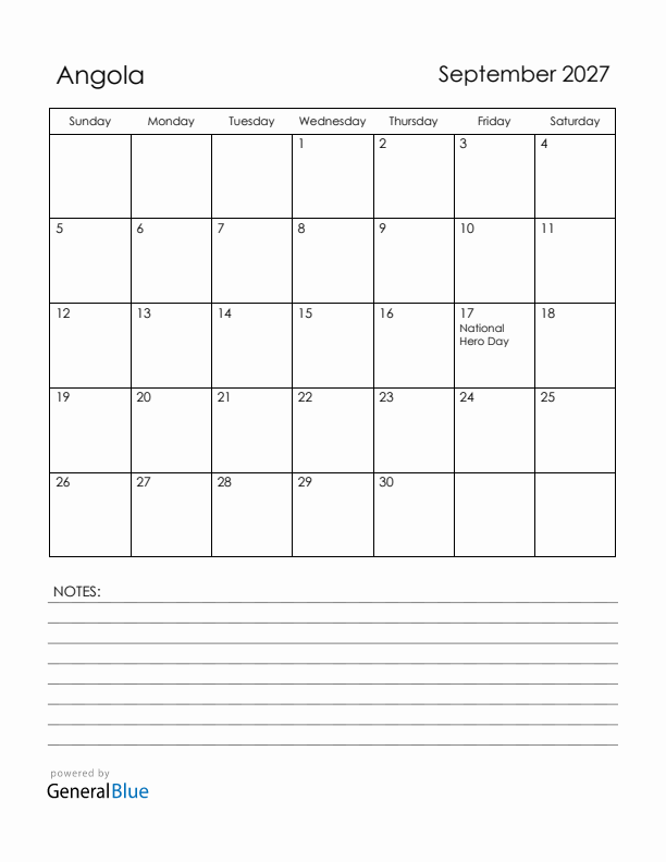 September 2027 Angola Calendar with Holidays (Sunday Start)