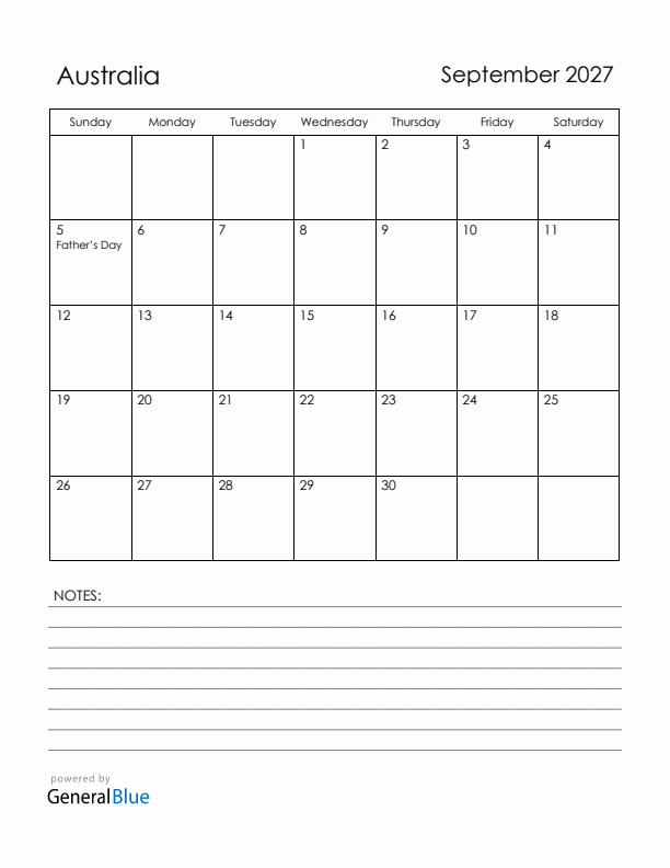 September 2027 Australia Calendar with Holidays (Sunday Start)