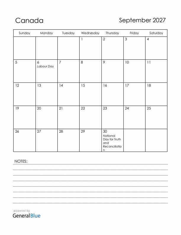 September 2027 Canada Calendar with Holidays (Sunday Start)