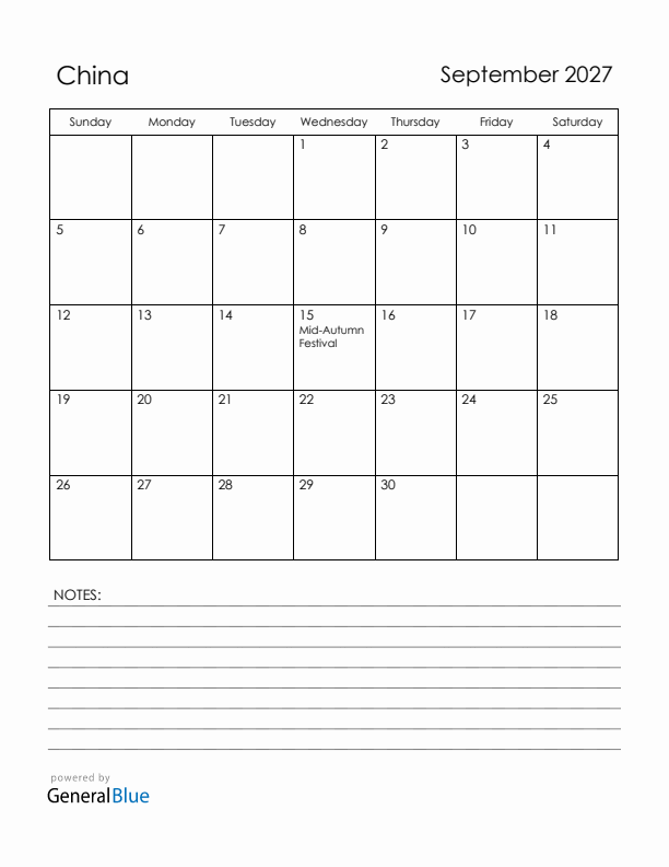 September 2027 China Calendar with Holidays (Sunday Start)