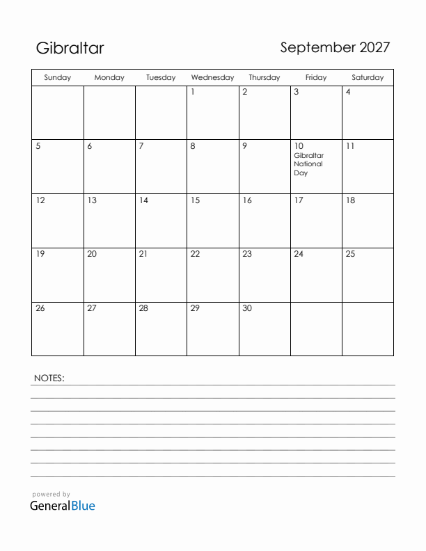 September 2027 Gibraltar Calendar with Holidays (Sunday Start)