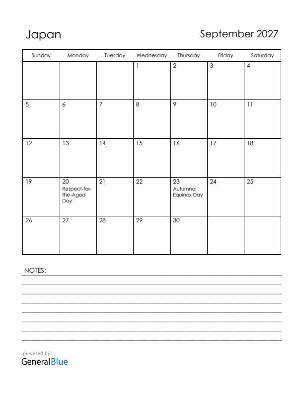 September 2027 Japan Calendar with Holidays (Sunday Start)