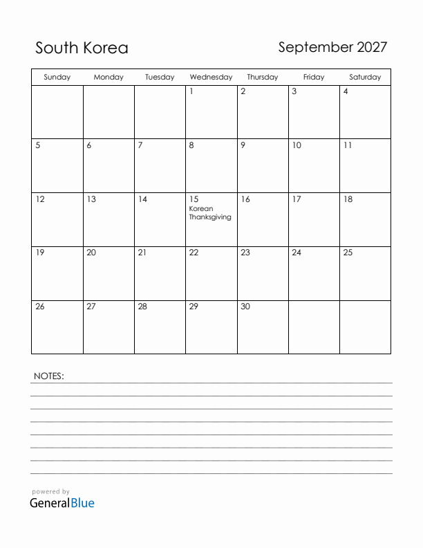 September 2027 South Korea Calendar with Holidays (Sunday Start)
