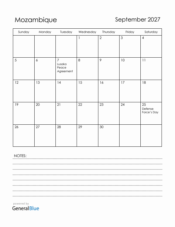 September 2027 Mozambique Calendar with Holidays (Sunday Start)