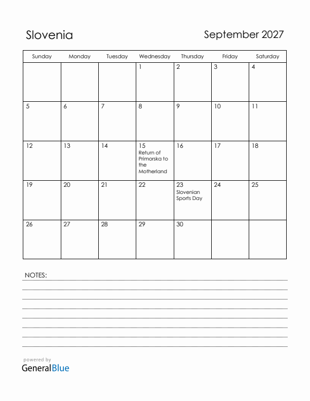 September 2027 Slovenia Calendar with Holidays (Sunday Start)