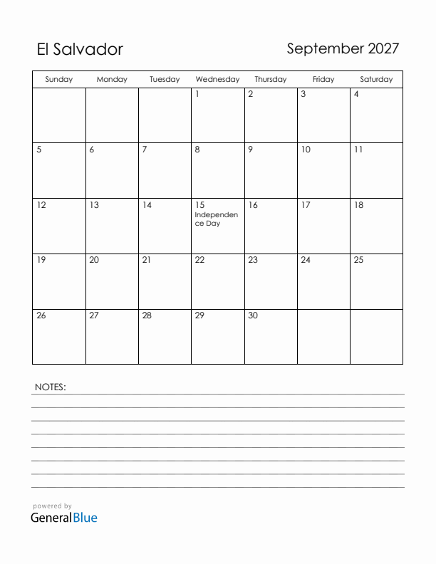 September 2027 El Salvador Calendar with Holidays (Sunday Start)