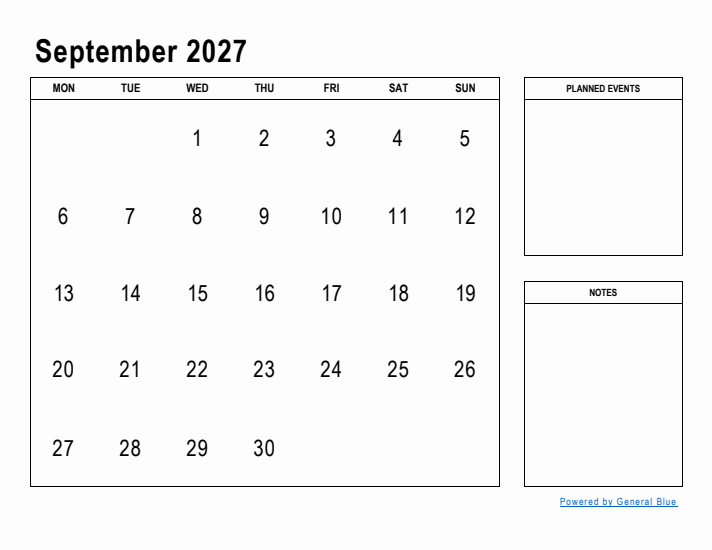 September 2027 Calendar Planner