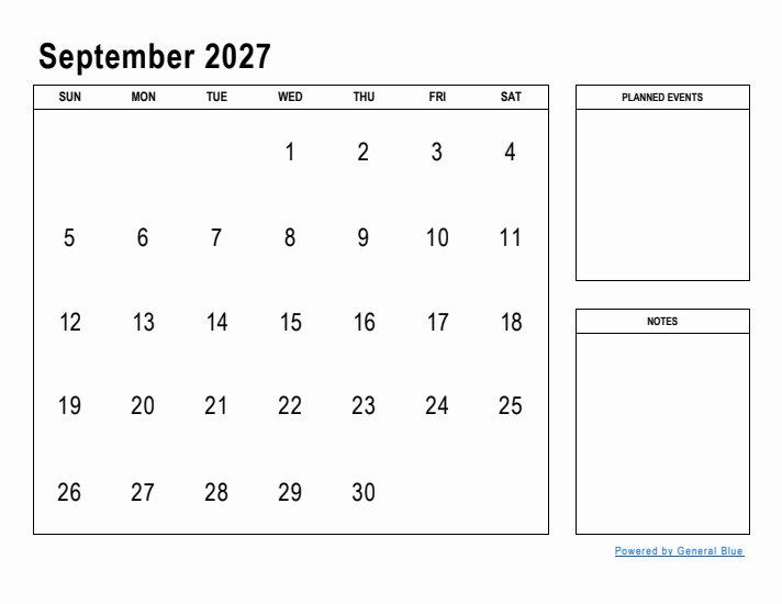 September 2027 Calendar Planner