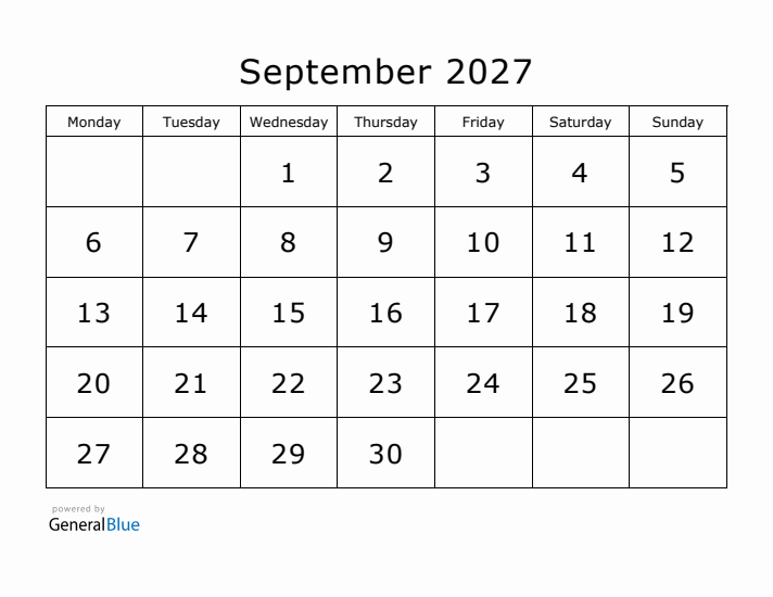 Printable September 2027 Calendar - Monday Start