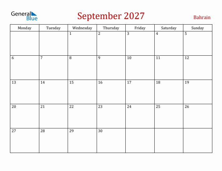 Bahrain September 2027 Calendar - Monday Start