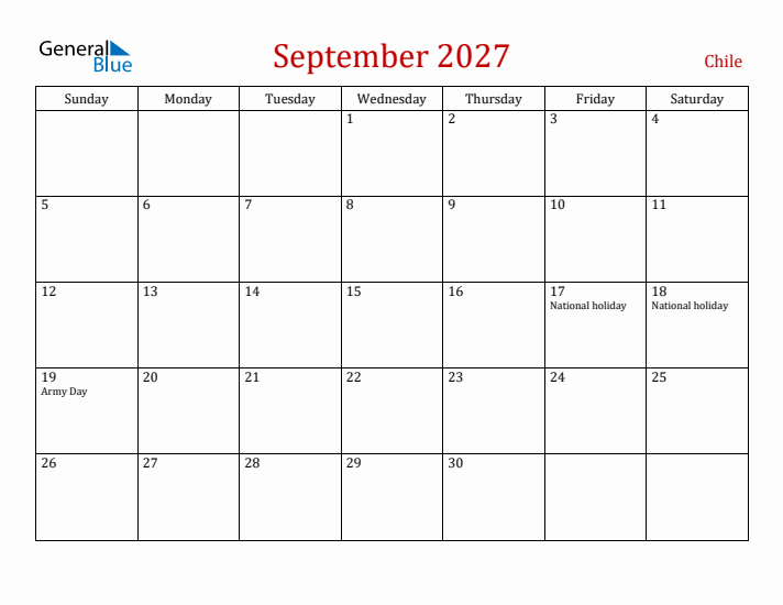 Chile September 2027 Calendar - Sunday Start