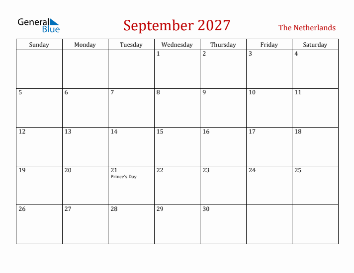 The Netherlands September 2027 Calendar - Sunday Start