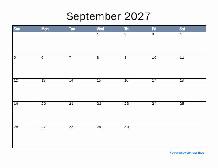 September 2027 Simple Month Calendar Template