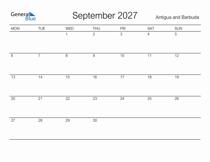 Printable September 2027 Calendar for Antigua and Barbuda